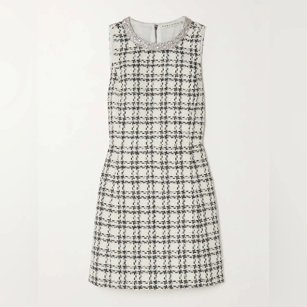 NWT Alice Olivia Clyde Crystal Embellished Checked Tweed Dress